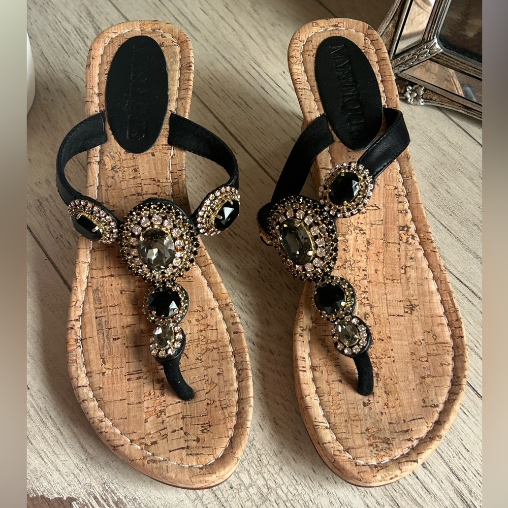 Mystique  Lk New Black Beaded wedge sandals Sz 8